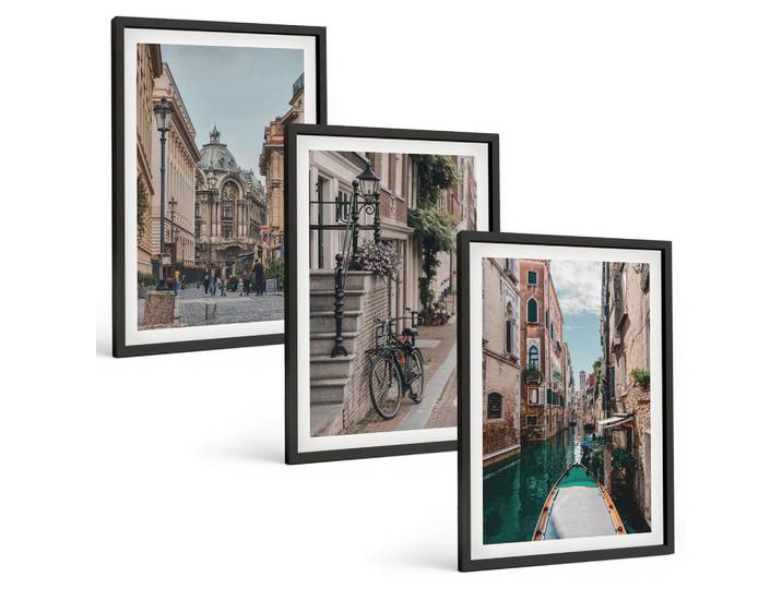 Tulup Bilder SET 3er Set - 40x60 cm Schwarzer Rahmen - Venedigs Wasserstraßen, Kunststoff, Rechteckig, 40x60 cm, einfache und schnelle Anbringung, Bilder & Rahmen, Bilder