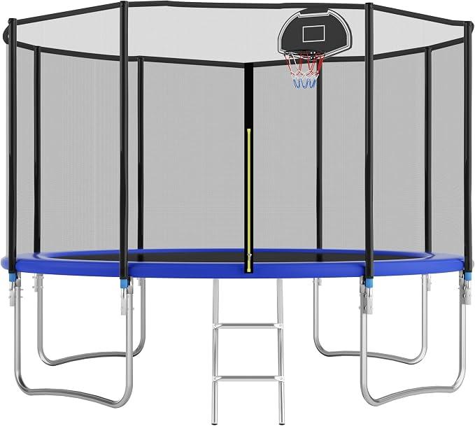 Gartentrampolin 366 cm mit Sicherheitsnetz - Trampolin Outdoor mit verstärkten Beintraversen & 72 Federn, 150 kg Tragkraft - Robustes Kindertrampolin für Kinder & Erwachsene - Blau