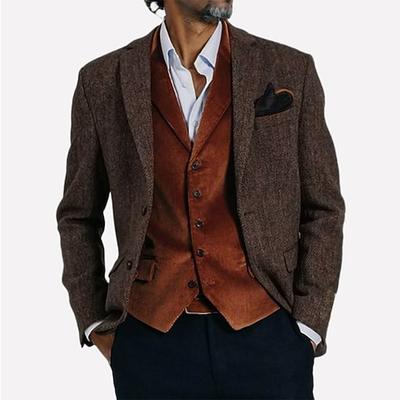 Herren Tweedblazer Notch-Kragen Vintage Retro Vintage Fischgrätenmuster Blazer Braun Standard Passform Einreihig Zwei-Knöpfe