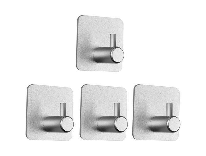 Handtuchhaken 4er Set Quadrat Edelstahl Selbstklebend, Silberfarben, Metall, 4.5x2.5x4.5 cm, Badaccessoires, Haken