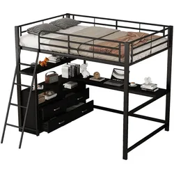 OKWISH Hochbett 140x200 cm mit praktischem Stauraum und stilvollem L-förmigen Schreibtisch – elegantes Design Schwarz