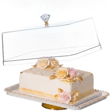 Basicwise Plastic Cake Stand with Clear Flat-Top Cover and Gold Handles Ribbed Serving Tray for Cupcakes Fruits Salads