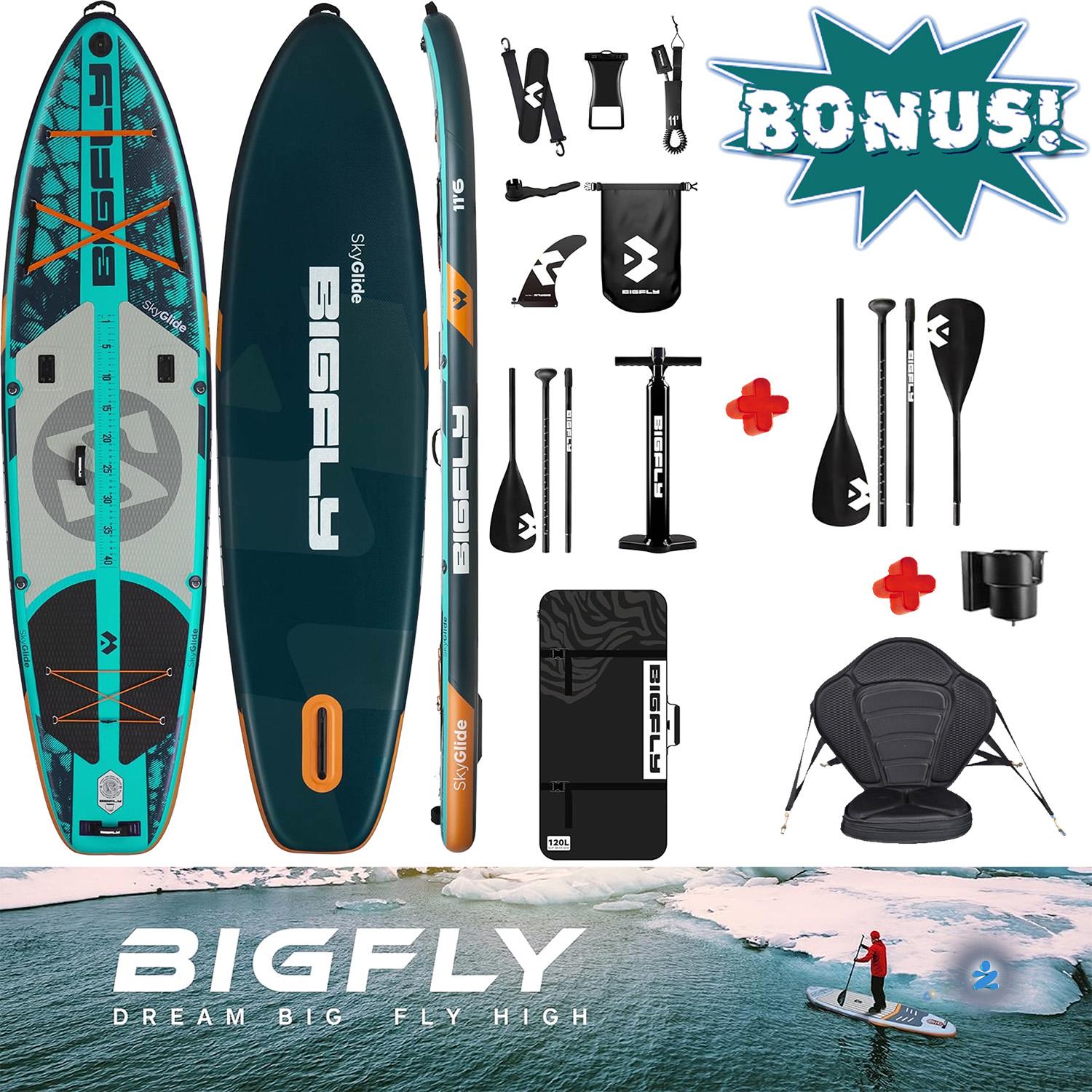 Komplettset, Kajak Touring SUP Board Set mit 5 cm hohem stabilem Sitz, zweite 4-teiligem Paddel, BigFly - SkyGlide 2 Personen Kayak Kanu Boot Paddling