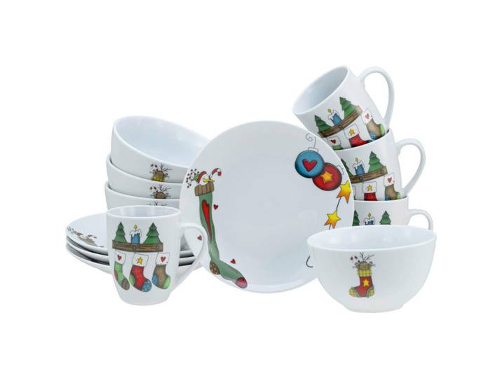 Creatable Frühstücksservice Luna Socken, Grün, Rot, Weiß, Hellblau, Dunkelgelb, Keramik, 12-teilig, Weihnachten, Geschirr, Geschirrsets, Kaffeeservice