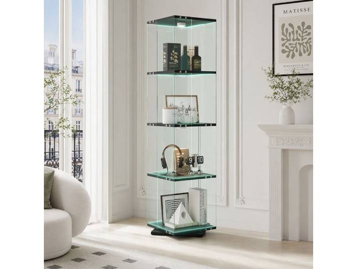 Vitrine en verre avec LED et 4 étagères Design rotatif à 360 degrés Vitrine sur pied pour collection 38 x 38 x 160cm Noir