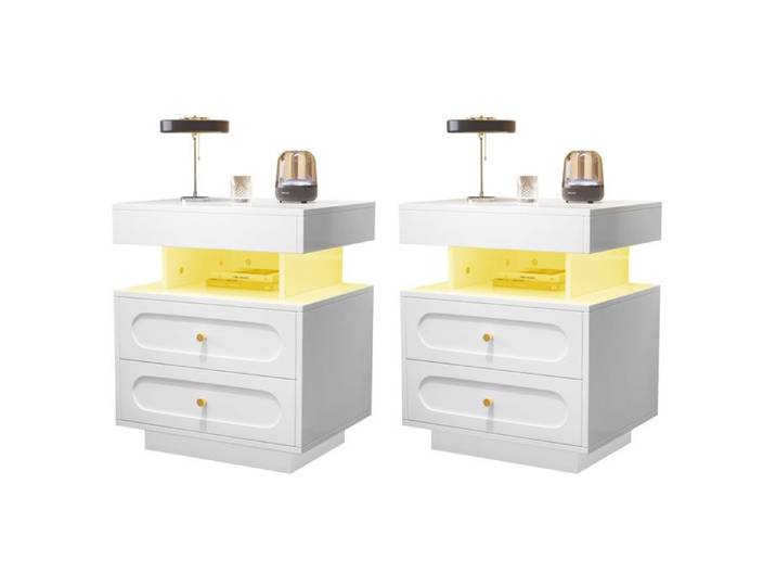 Table de chevet avec éclairage LED 2 tiroirs + 1 niche ouverte blanc L100 x P40 x H60 cm
