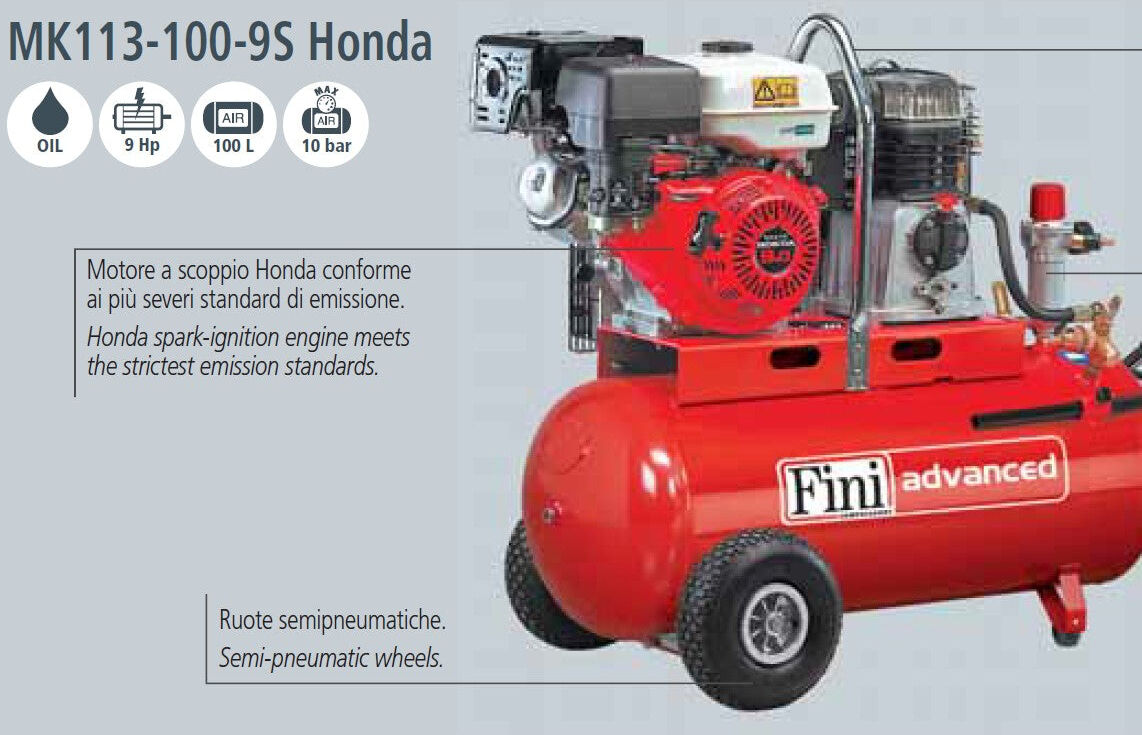 Fini Compressore Pneumair BK119-100-9S AP motore a scoppio HONDA , 14 bar 642 l/min