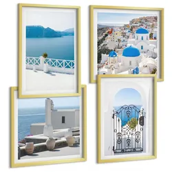 BILDER SET 4er Set - 50x50 cm & 40x60 cm Goldrahmen - Gebäude am Weißen Meer, Griechenland