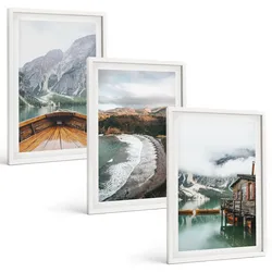 BILDER SET 3er Set - 40x60 cm Weißer Rahmen - Berge, See, Boot, Strand, Landschaft