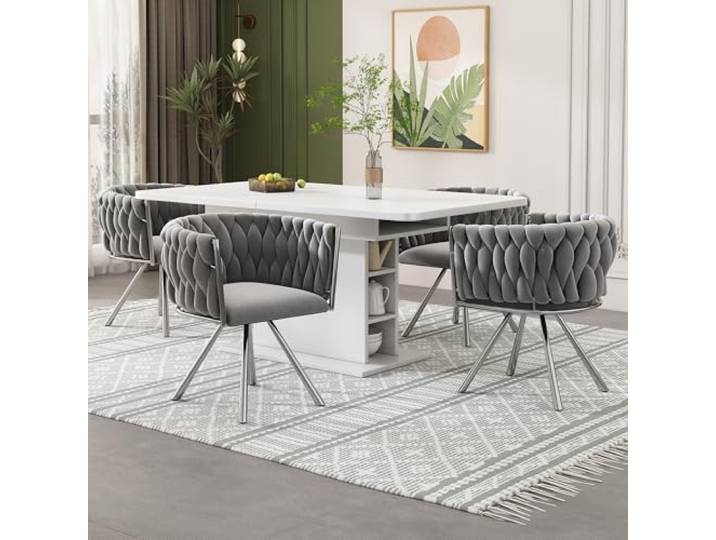 YAIXBNG Samt-Esszimmerstuhl, 4er Set, einzelner Heller Luxus-Wohnzimmer-Schlafzimmer-Drehstuhl, Freizeit-Drehstuhl mit Vier Stützbeinen aus Metall, Grau+Silber
