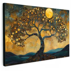 LEINWANDBILD Baum - Mond - Blumen - Gold - Kunst Wohnzimmer Groß 120x80 cm