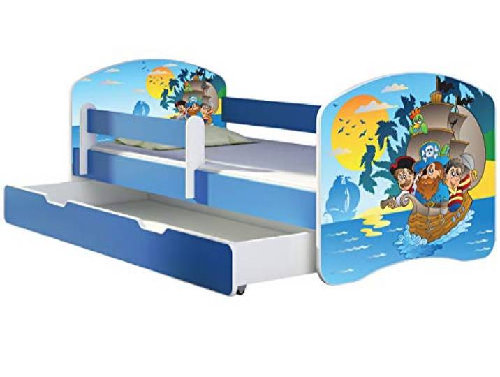 ACMA Kinderbett Jugendbett mit Einer Schublade und Matratze Blau mit Rausfallschutz Lattenrost II 140x70 160x80 180x80 (21 Piraten, 180x80 + Bettkasten)