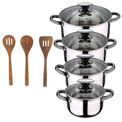 BERGNER - DINA 8-teiliges Kochgeschirr-Set (16/18/20/24cm) aus Edelstahl, induktionsgeeignet, mit 3-teiligem Küchenhelfer-Set aus Akazienholz