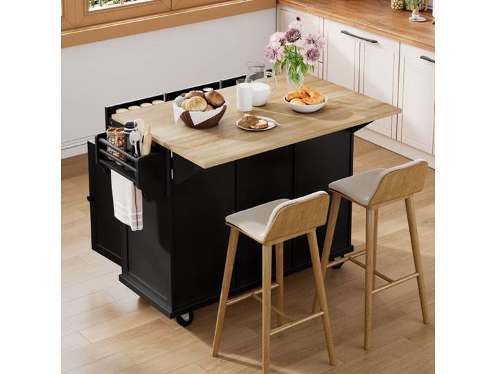 Îlot de Cuisine à Roulettes Noir Extensible avec Poubelle et Tiroirs