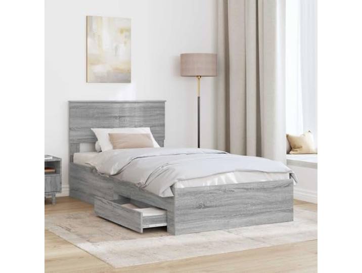 SKTQYQO Sonoma Bettgestell mit Schublade, Grau, 100 x 200 cm Technisches Holz, modernes Design, einfache Montage, mit Behälter