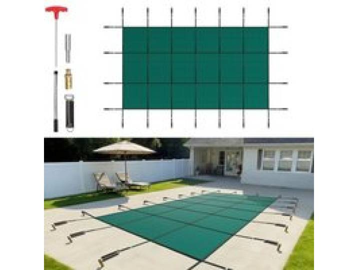 VEVOR Couverture de sécurité pour piscines creusées 4,3 x 7,9 m maille verte couverture de sécurité taille 4,9 x 8,5 m avec outils d'installation pour piscine d'hiver, résister au soleil, au vent