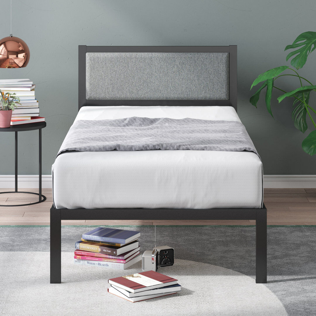 Hashtag Home Arledge Metal Platform Bed with Upholstered Headboard Black Single (3')