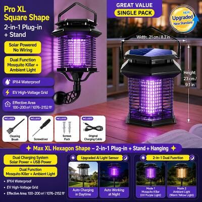 LightInthebox Solar Bug Zapper Outdoor, Solar Mosquito Zapper, Rechargeable Battery, Waterproof Electric Fly Zapper for Patio, Backyard, Garden, Camping