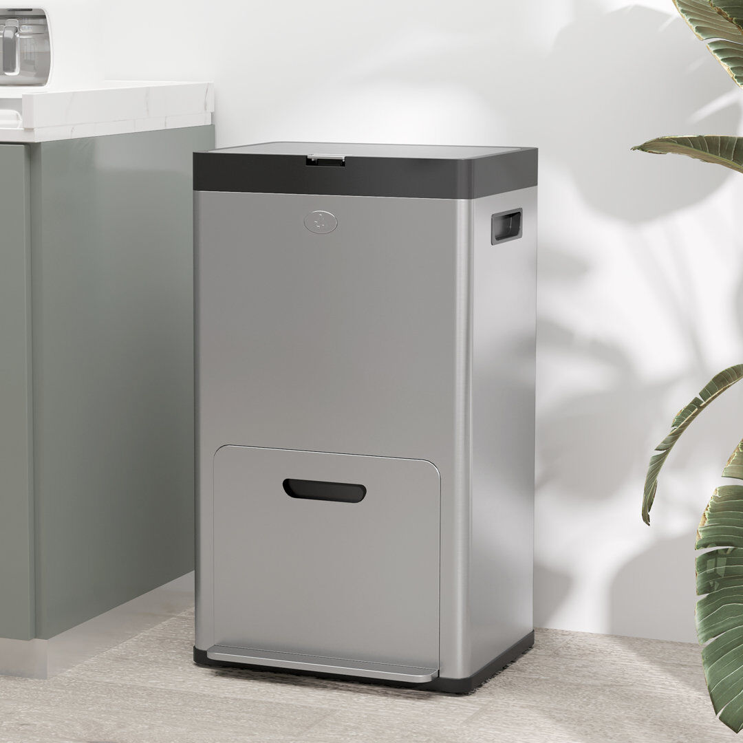 Brayden Studio Capus 3 Compartment Kitchen Bin, 56L Stainless Steel Pedal Bin with Wheels Silver 56L