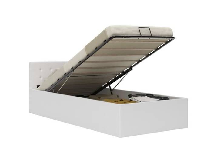 (2032)Lit Coffre Chambre Cadre de lit à rangement hydraulique Blanc Similicuir 90x200 cm