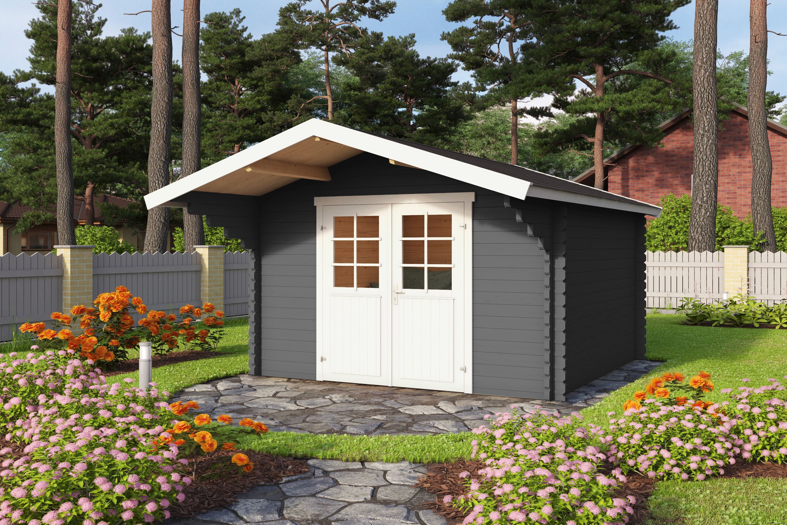 Gartenhaus LASITA MAJA "Viljandi 34", grau (carbongrau), ohne Fußboden, ohne Dacheindeckung, Massivholz, Gartenhäuser, Gartenhaus, Blockbohlenhaus 34mm