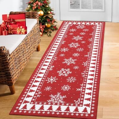 Garvee Christmas Snowflake Xmas Tree Border Area Rug