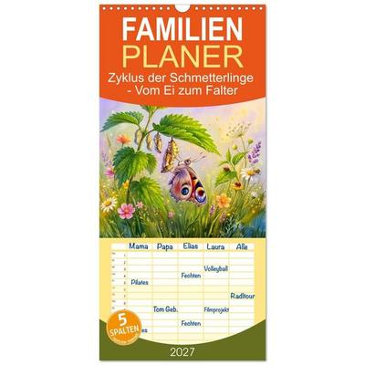 Familienplaner 2027 - Zyklus der Schmetterlinge - Vom Ei zum Falter mit 5 Spalten (Wandkalender, 21 x 45 cm) CALVENDO