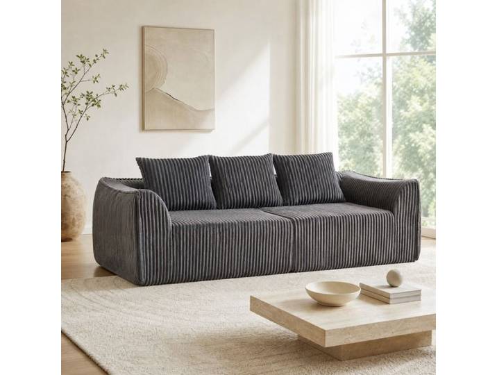 Canapé modulable 4 places sans montage - BEAUNIV - velours côtelé 2 coussins lignes arrondies gris