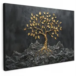 LEINWANDBILD Blätter - Gold - Baum - Fels Groß 140x90 cm