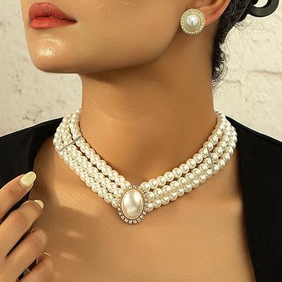 Damen Perlenkette Ohrring Set elegant Doppelstrang Hochzeit Braut weißer Kristall Akzent formeller Schmuck Accessoire Einheitsgröße