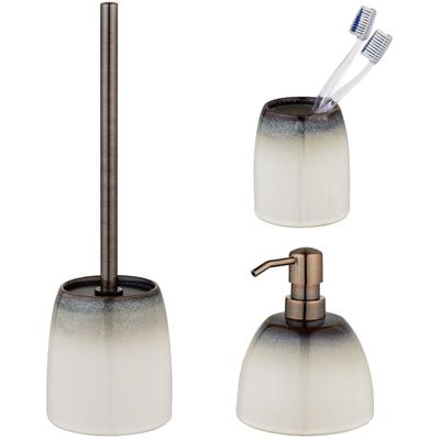 Badaccessoire-Set "»Osteto«", beige, glänzend, Edelstahl, Keramik, SCHÖNER WOHNEN-KOLLEKTION, Badaccessoires-Sets, aus Keramik, mit Zahnputzbecher, Seifenspender und WC-Garnitur