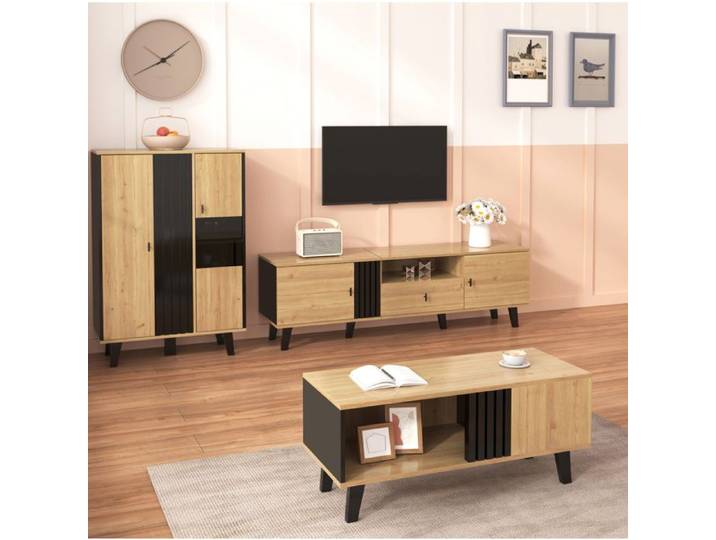 MEUBLIV Ensemble meubles de salon 3 pièces avec meuble TV 170 cm table basse buffet LED bois et noir