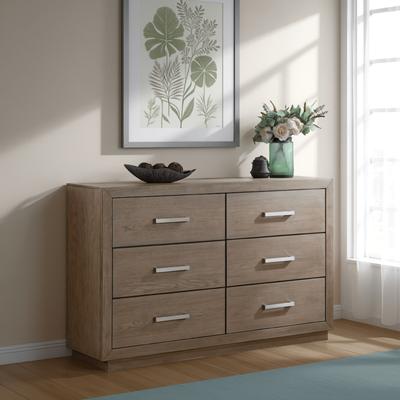 Benjara Keno Wide Dresser, 6 Drawers, Metal Bar Handles, Brown Acacia Wood