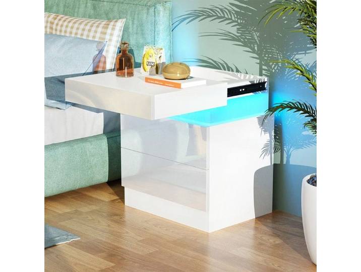 PIPIPOXER Table de Chevet à 2 tiroirs - Table de Nuit LED - Blanc - 40x35x52 cm