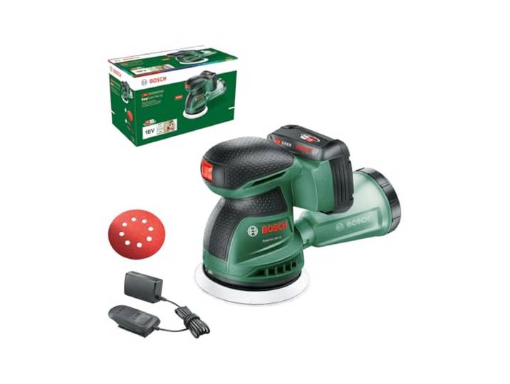 Bosch Akku-Exzenterschleifer EasyOrbit 18V-10 (Schleifen von kleinen bis mittelgroßen Holzoberflächen sowie lasierten und lackierten Oberflächen; Durchmesser: 125 mm; Akku 2.0Ah und Ladegerät)