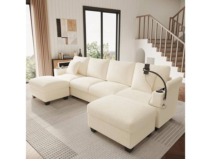 BTM 5 Sitzer Big Modulares Cordsofa U Form mit Schlaffunktion, Ecksofa mit Handyhalter, Wohnzimmer Eckcouch Beige