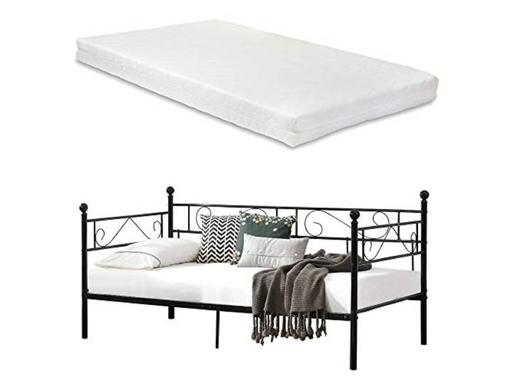 [en.casa] Metallbett mit Matratze 90x200 Metall-Tagesbett mit Lattenrost Öko-Tex Standard 100 Atmungsaktiv Kojenbett Bett Schlafzimmerbett Schwarz