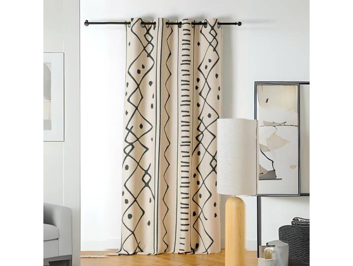 Rideau tamisant ethnique polyester/jacquard noir 140x260 cm
