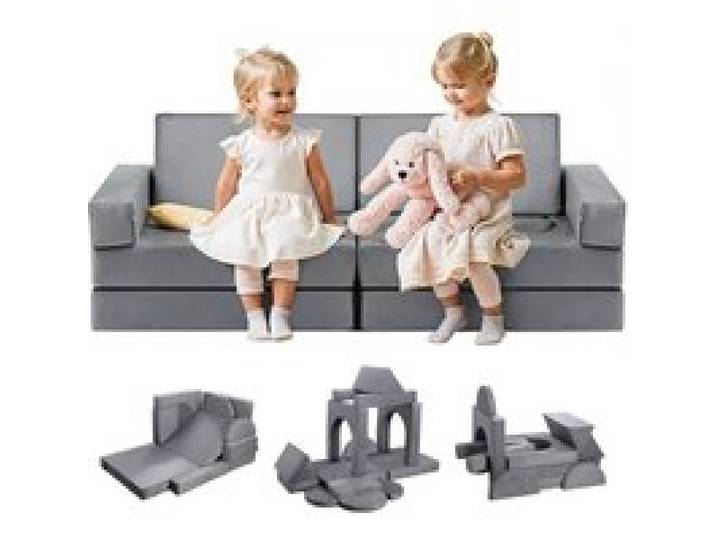 VEVOR modulare Spielcouch Anbausofa für Kleinkinder mit Armlehnen, 28D-Schwamm und Kurzflor, umwandelbare modulare Kindercouch zum Selbermachen, für Spielzimmer Schlafzimmer, 14-teilig, Grau
