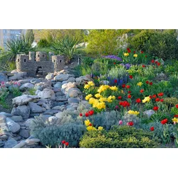 Fototapete PAPERMOON "GARTEN-BÄUME BLUMEN PFLANZEN PARK STEINE GRÜN BLÜTEN", bunt, B:3,5m L:2,6m, Vlies, Tapeten