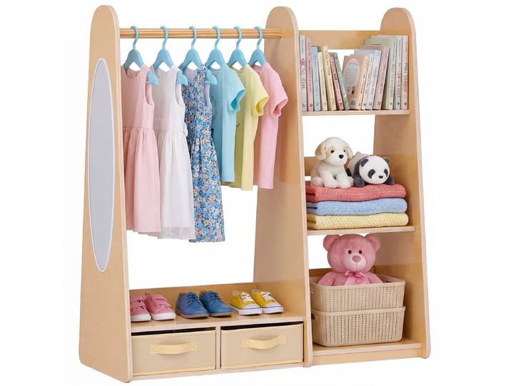 VEVOR Kinderkledingkast 98\,5x40x106 cm\, Kinderkledingkast met Spiegel\, Kledingstang en Planken\, Verkleedkast met 2 Stoffen Lades voor Meisjes\, Kinderkledingkast voor Verkleedpartijen\, Slaapkamer\, Natuurlijk Hout