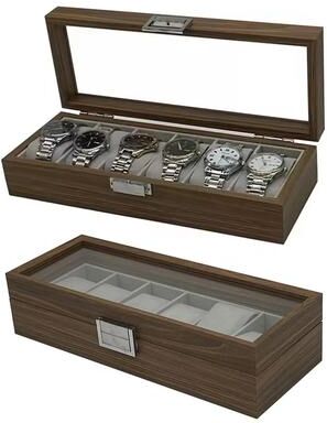 Uplift Essentials Black Walnut Style Wooden Watch Display Box 6 Slot Storage Case For Watches Black Walnut Style Wooden Watch Display Box 6 Slot Storage Case For Watches