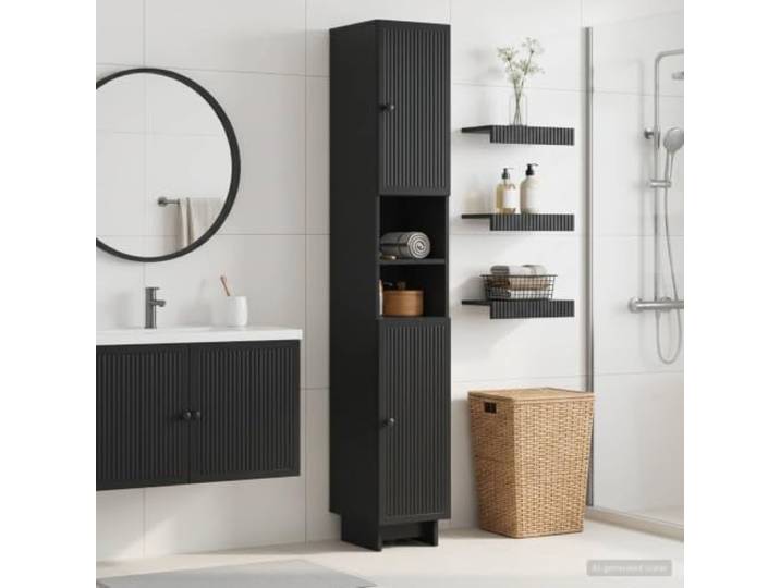 Badschrank mit offenem Regal EDE Schwarz, Holzwerkstoff, umkehrbare Tür Feuchtigkeitsbeständig, schlankes Design, viel Stauraum, flexible Türöffnung, einfache Reinigung