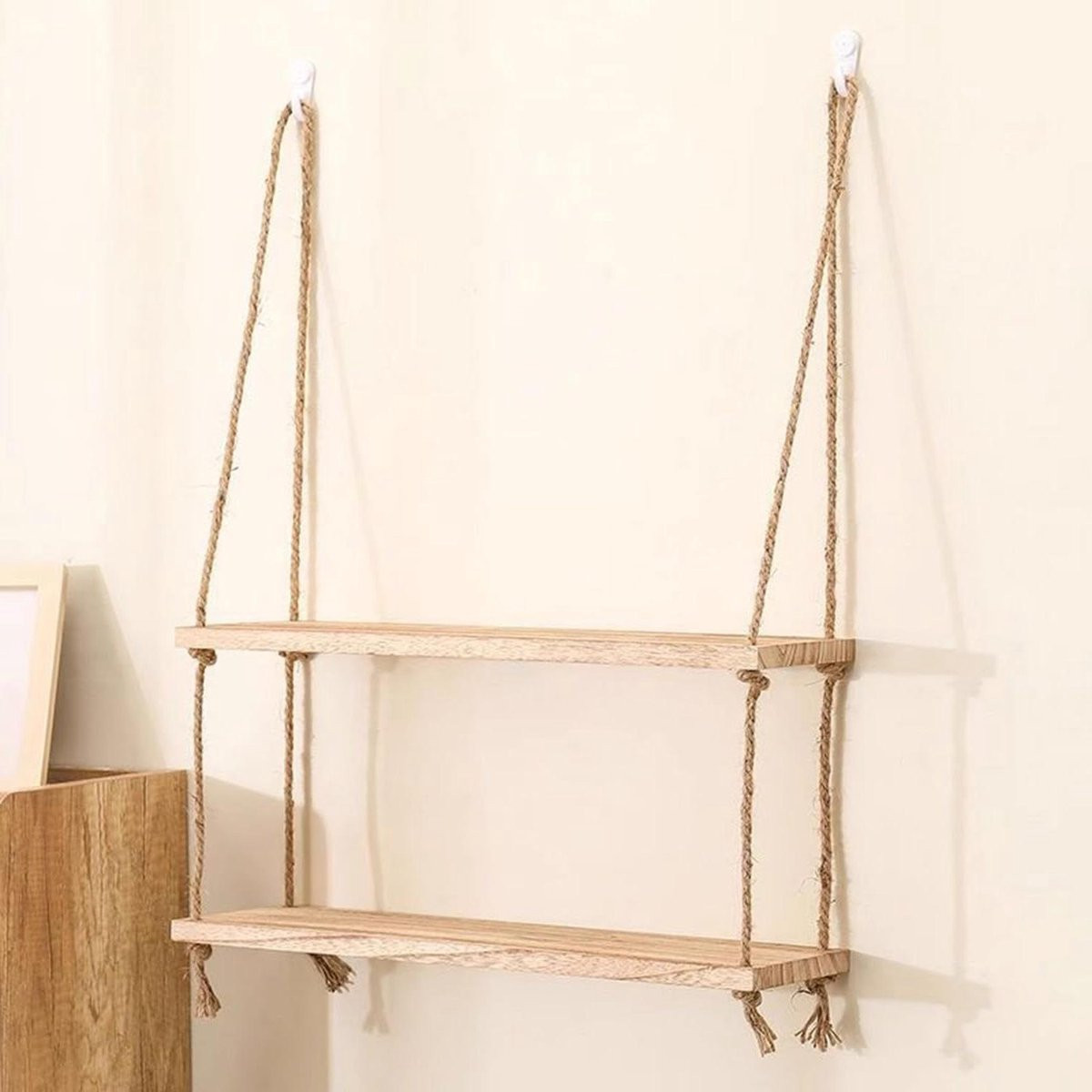 Decoratieve houten wandplank met touw - Natuurlijk hout - Breedte: 30 cm, Diepte: 15 cm