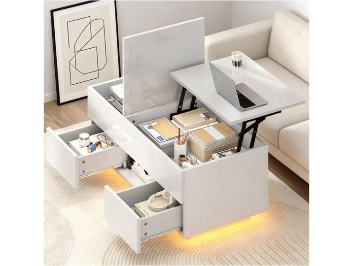 Table basse relevable Table de Salon à LED Haute Brillance Moderne Rangement Compartiment Caché et 2 Tiroirs Blanc 100x45x43cm