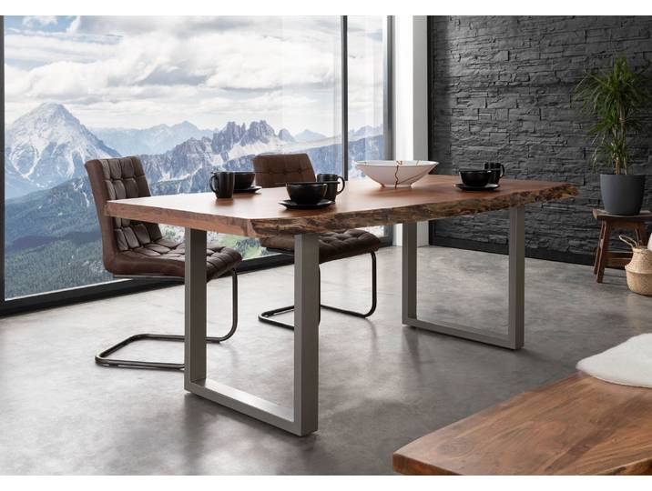 Baumtisch Akazie 200x100x77 natur lackiert / U-Beine silber matt FREEFORM 5