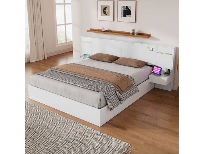 Lit double 180x200 lit en bois USB réveil électronique enceinte Bluetooth barre lumineuse tables de chevet sans tiroirs matelas sans