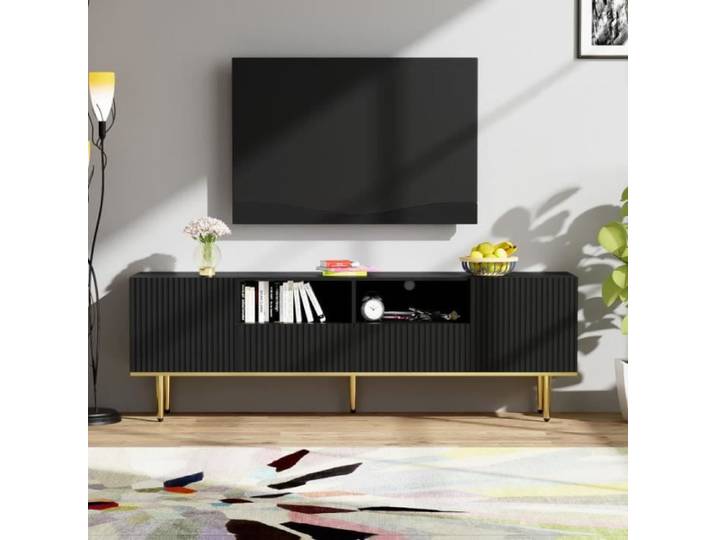 Meuble TV - Moderne Noir - 6 compartiments - 165×36×55 cm - Finition brillante accents dorés