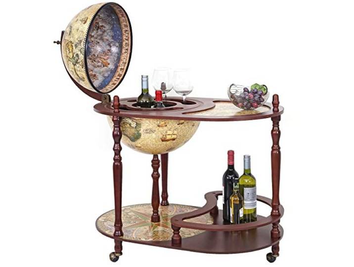 Mendler Globusbar mit Tisch HWC-D84 Ø42cm rollbar Eukalyptusholz Minibar, Hausbar, Tischbar, Weltkugel, MVG-Zertifiziert