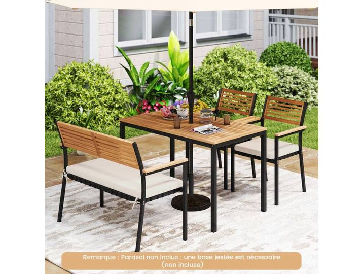 Ensemble 4 PCS Table et Chaises de Jardin COSTWAY en Acacia Table Rectangulaire 2 Fauteuils Canapé 2 Places Coussins Amovibles